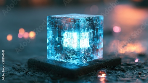 Glowing, crystalline cube on dark surface, with soft bokeh lights