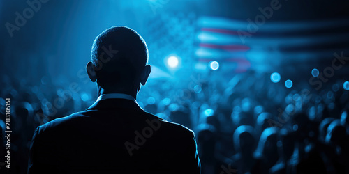 Silhouette of a black male leader on stage facing supporters with a blurred US flag. Concept of historical leadership, democratic inspiration, and political change.