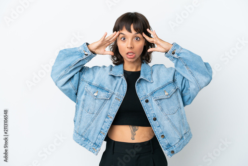 Foto Young mixed race woman isolated on white background with surprise expression