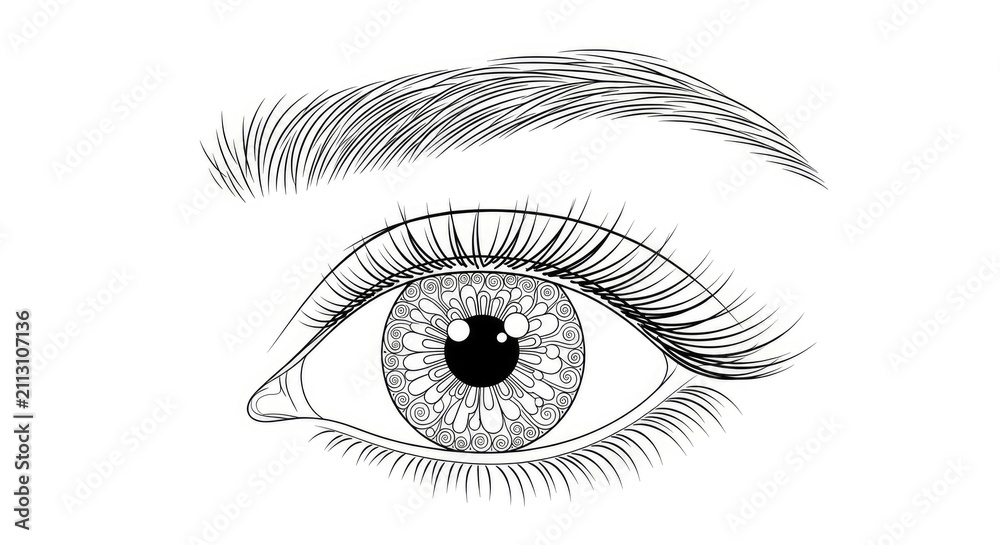 Obraz premium A detailed black and white line drawing depicts a human eye with a prominent eyebrow. The eye features a complex, ornate mandala pattern within the iris.