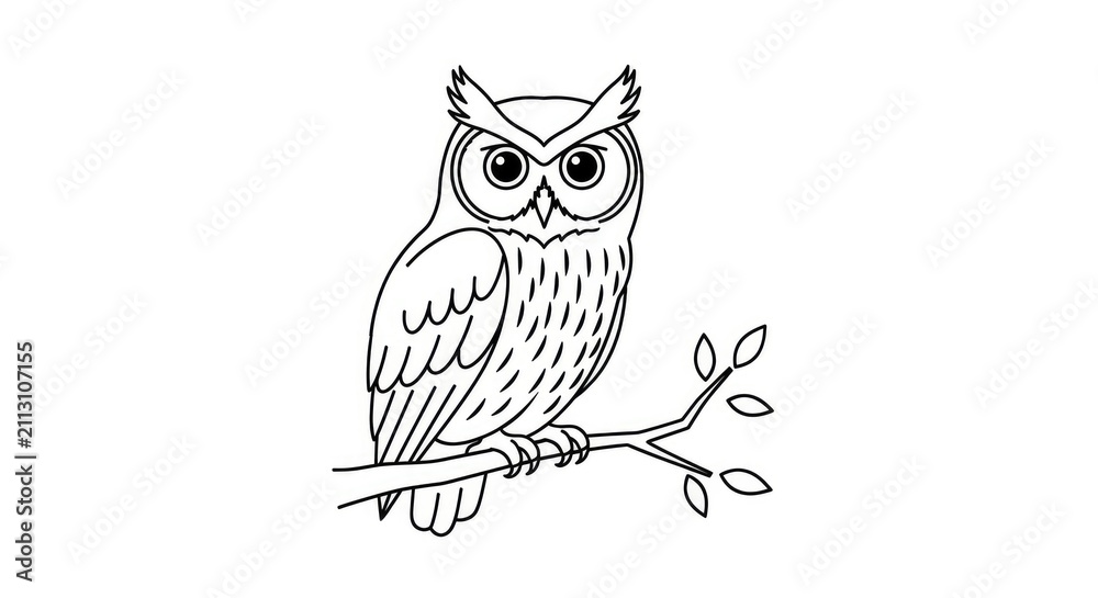 Obraz premium An owl sits perched on a branch. The owl has large eyes and feathered wings.