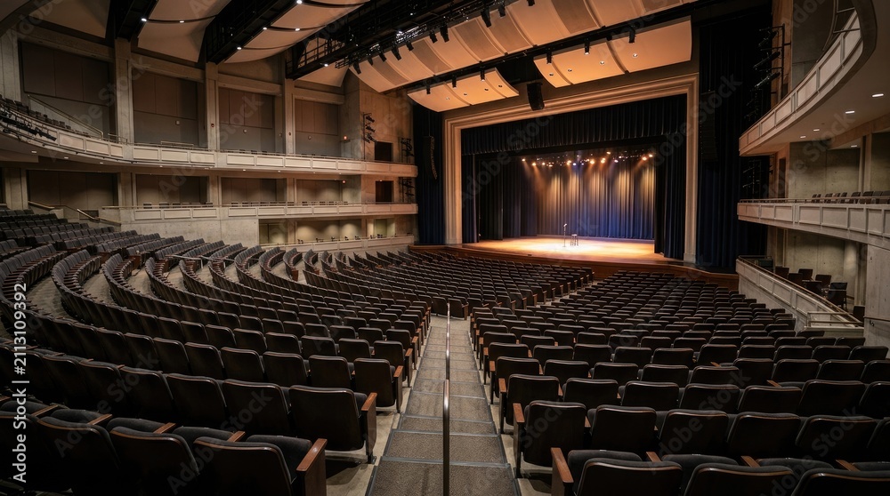 Fototapeta premium A wide-angle photograph captures the interior of a grand concert hall. Rows of dark theater seats stretch out towards a large stage with a curtain.