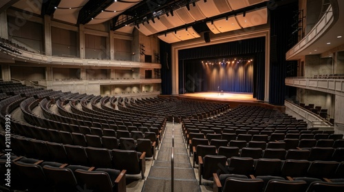 A wide-angle photograph captures the interior of a grand concert hall. Rows of dark theater seats stretch out towards a large stage with a curtain.