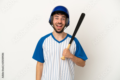 Konstfotografi Young caucasian man playing baseball isolated on white background with surprise