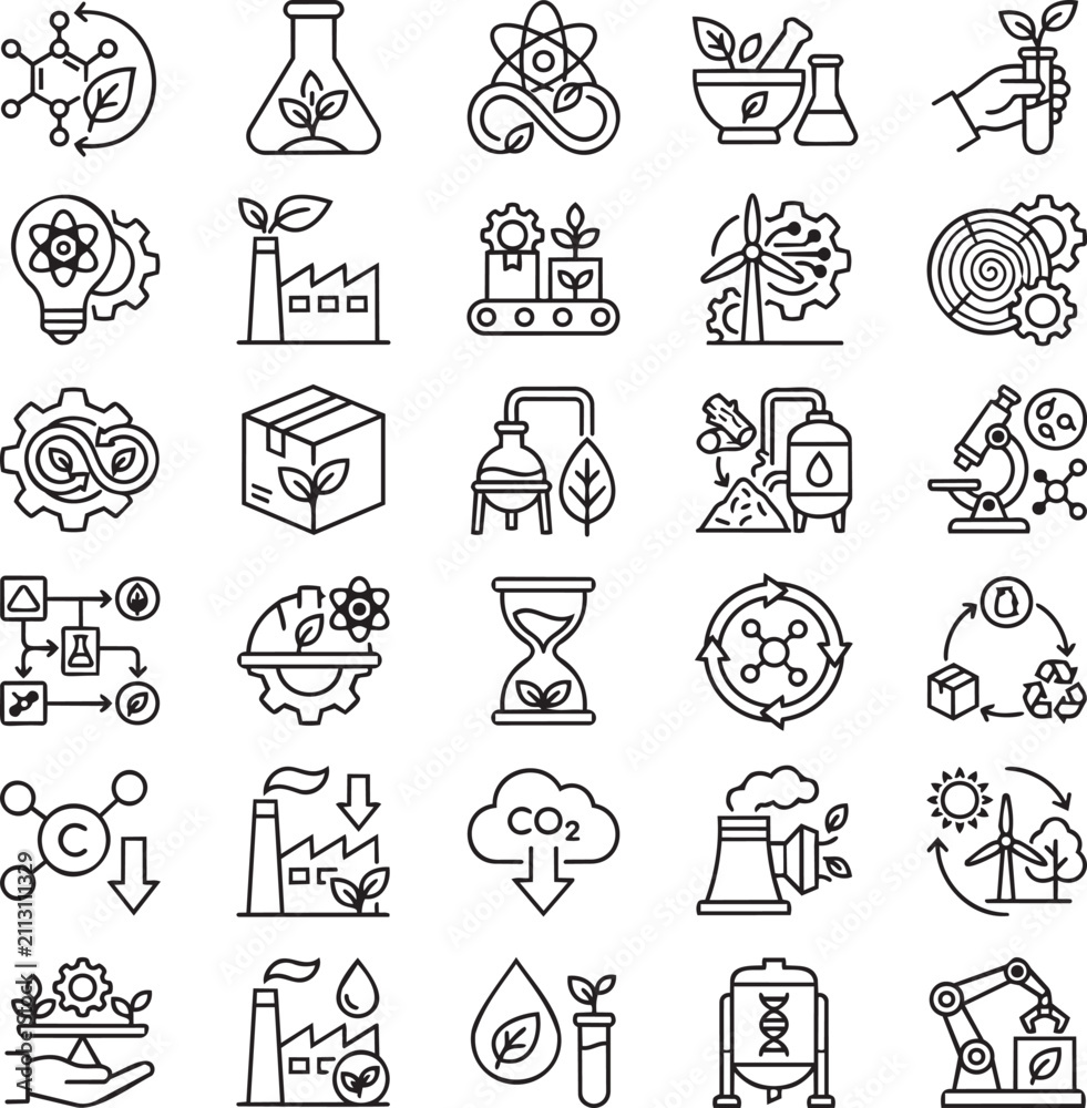 Fototapeta premium Renewable Chemicals Bio-Based Chemistry Green Manufacturing Line Icons Vector Set for Sustainable Industry