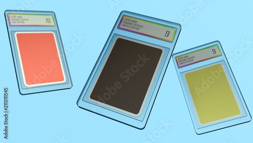 A 3d rendering of sealed slab cases with graded labels. The importance of condition, authentication, and preservation in modern trading card collecting and gaming culture.