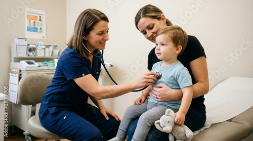 Pediatrician with stethoscope examines child held by mother in clinic