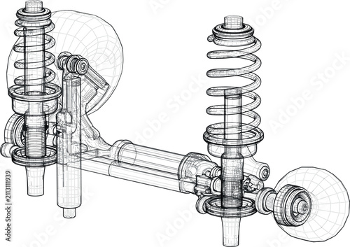 Car suspension system vector illustration, automotive shock absorber axle wireframe mesh line art design