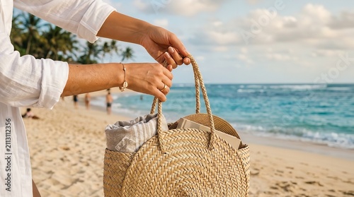 Woman Holding Straw Beach Bag on Tropical Shoreline