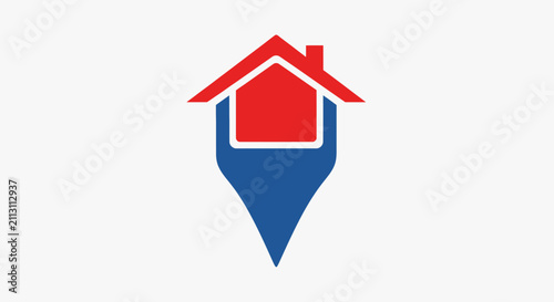 Red house on blue map pin.