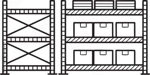 Warehouse shelves display organized storage with boxes stacked neatly on each level