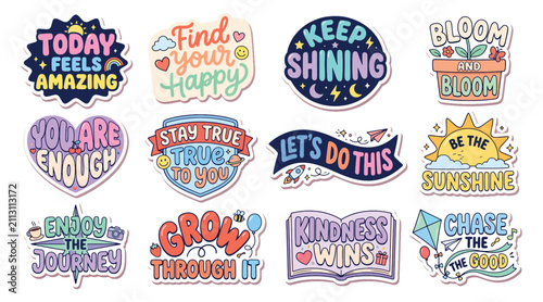Set of uplifting motivational stickers with positive phrases