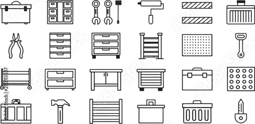Workshop tools icons set, showing various equipment and furniture designs.