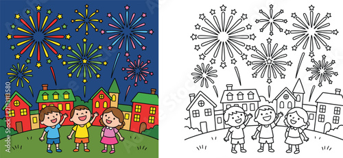 Vector Illustration of Happy Children Watching Fireworks Celebration Night with Houses Town and Coloring Page Outline Version for Kids Activity Book