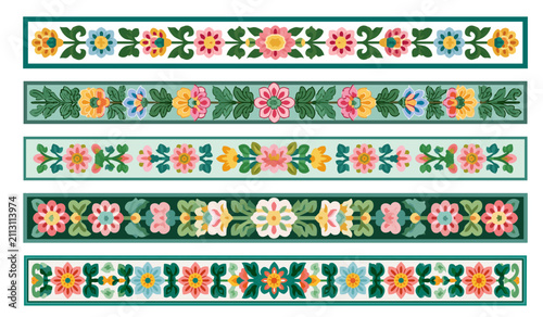 Premium Korean traditional dancheong and floral seamless border pattern set