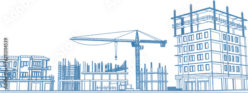 Building construction site vector illustration, tower crane and house structure blueprint blueprint design