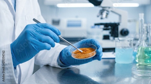 Scientist examining powder sample in laboratory