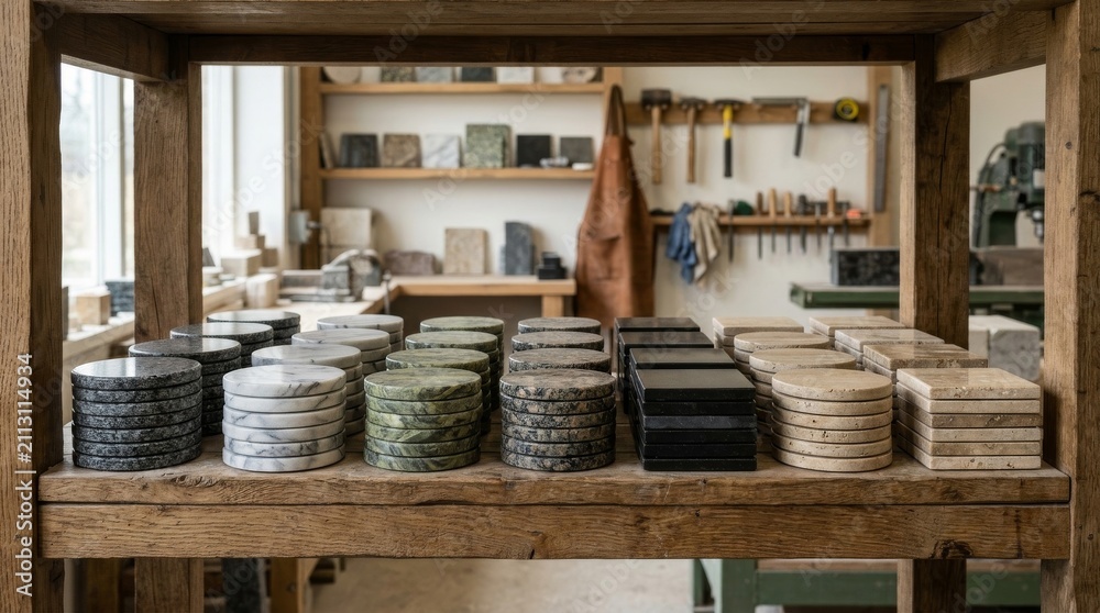 Fototapeta premium Stacks of handcrafted leather goods on a wooden workbench in a professional artisan workshop.