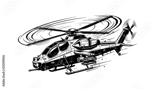 Foto Modern Attack Helicopter in Flight Black and White Vector Illustration