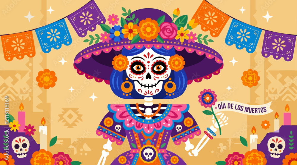 Fototapeta premium Colorful Catrina sugar skull wearing a wide purple flower hat, surrounded by marigolds, candles and papel picado banners with Dia de los Muertos text, festive holiday design.