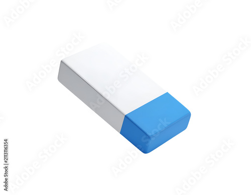 White and Blue Rectangular School Eraser for Removing Pencil Marks Mistakes Writing and Drawing 3D Illustration on isolated background