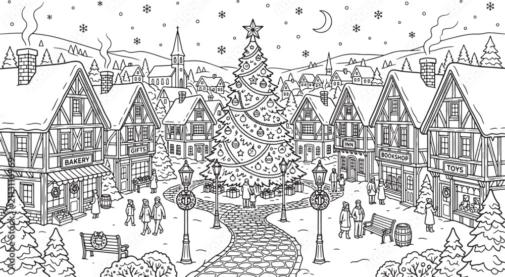 Obraz premium Christmas village square coloring page with decorated tree and traditional timber framed houses in a snowy winter town scene