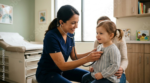 Pediatrician examining happy child with stethoscope in clinic, parent nearby