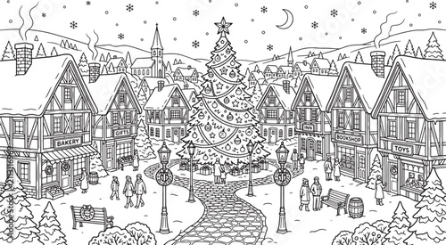 Christmas village square coloring page with decorated tree and traditional timber framed houses in a snowy winter town scene