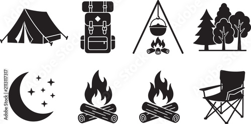 Set of camping and outdoor adventure icons featuring tent backpack campfire forest moon and folding chair in black silhouette
