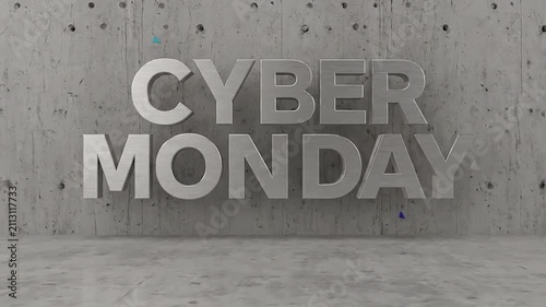 Metallic Cyber Monday text displayed on a modern industrial concrete wall
