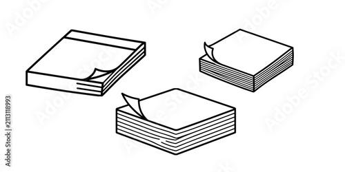 A simple black and white line drawing illustration of three stacked sticky note pads for office use