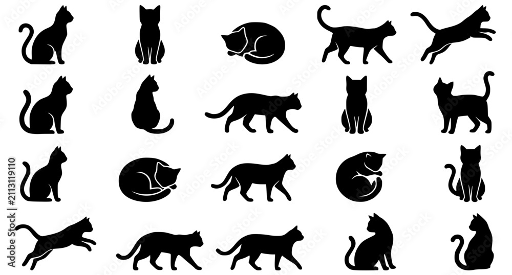 Fototapeta premium Minimalist Cat Silhouette Bundle with Multiple Feline Poses Vector Collection