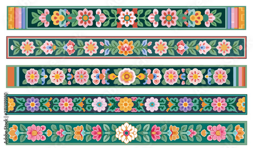 Premium Korean traditional dancheong and floral seamless border pattern set