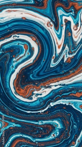 Abstract fluid art background with swirling blue, white and bronze acrylic paint patterns