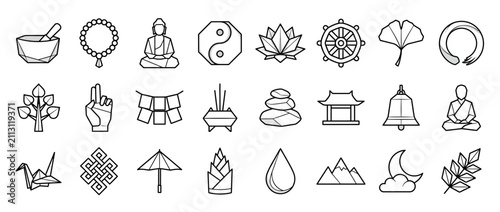 Fotografía Zen and Buddhism Spiritual Symbols Line Icons Set