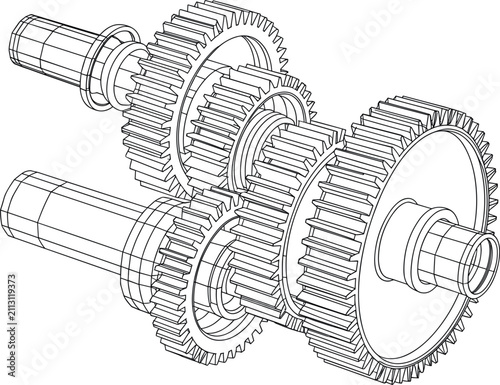 Mechanical gear shaft blueprint vector, automotive transmission mechanism outline illustration for industrial engineering design