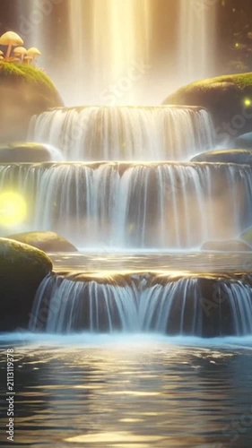 A magical glowing multi-tiered waterfall in a mystical enchanted forest