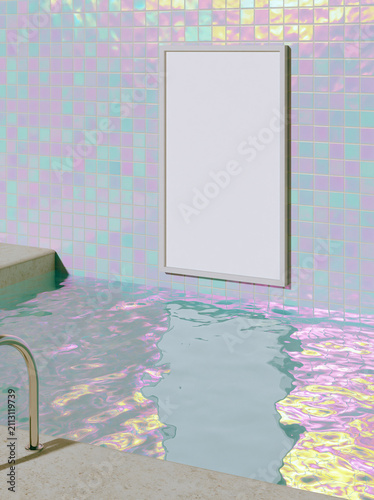 Blank white poster mockup on iridescent tile wall by pool