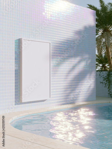 Blank white poster mockup on tile wall by pool with palm tree