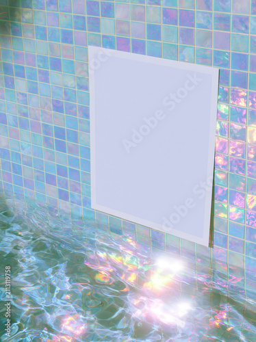 Blank white poster mockup on holographic tile wall with pool water