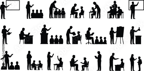 Set of Teacher and Student Vector Silhouettes Depicting Classroom Teaching Learning and Educational Interactions
