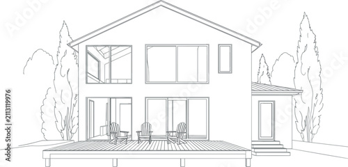 Modern villa sketch vector, family house facade with patio deck outline illustration for architecture