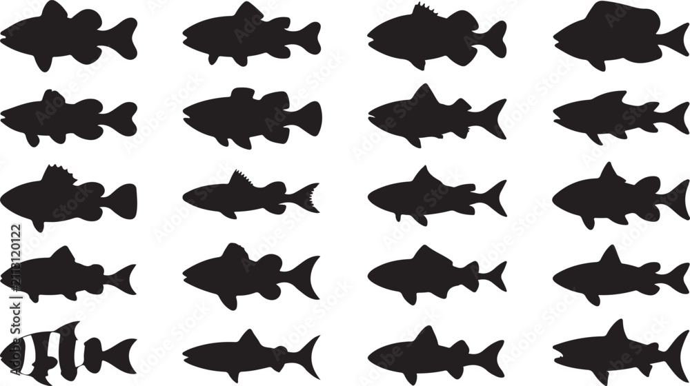 Fototapeta premium Array of black silhouette of different fish and shark shapes on a white background