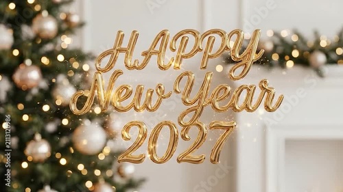 Shiny gold lettering displays the greeting for the upcoming New Year 2027