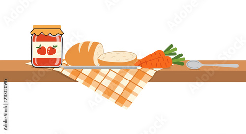 Country kitchen still life with bread and homemade jam