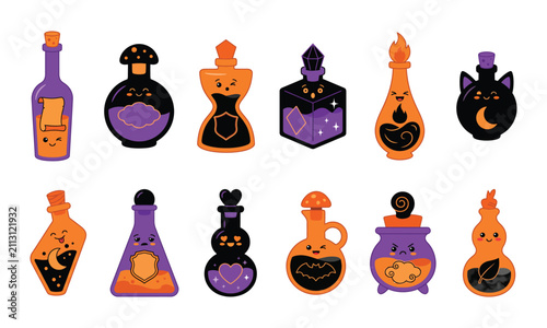Set of colorful halloween magic potion bottles and glass jars with mystical liquid for spooky holiday party decorations