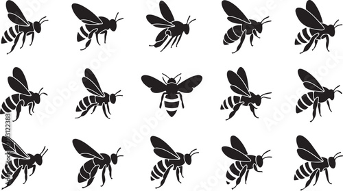 Fifteen Black Silhouettes of Bees with Striped Abdomens in Diverse Poses on a White Background
