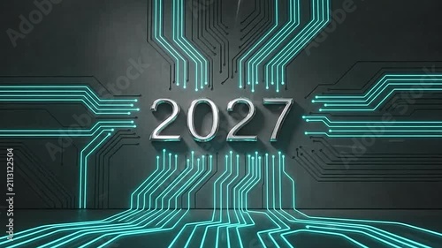 Shiny metallic numbers representing the year 2027 with glowing blue circuit board lines