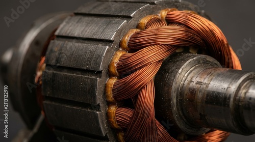 Close up view of an electric motor rotor with copper windings.