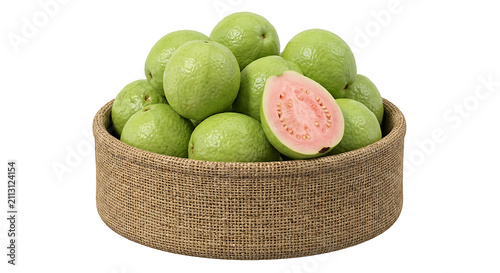Fresh pink guavas in a rustic burlap basket isolated on transparent background